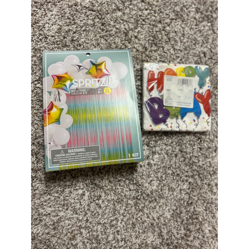 Spritz Balloon Decor Kit 81pc & Happy Birthday Napkins Bundle Rainbow Party Set